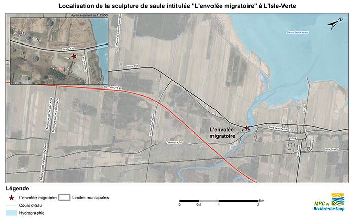 Localisation de la sculpture de saule intitulée « L’envolée migratoire » à L’Isle-Verte