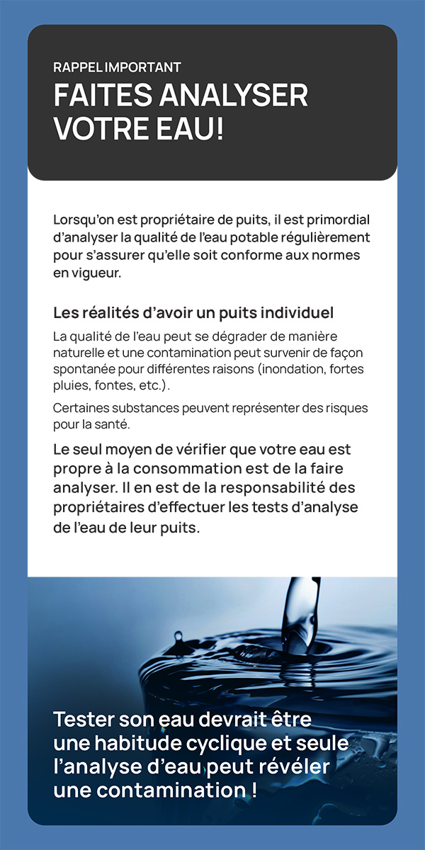 Rappel important - Faites analyser votre eau!